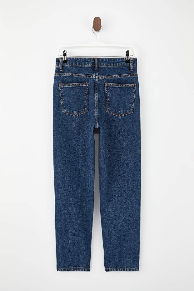 Koyu Mavi Yüksek Bel Bilek Boy Az Esnek Mom Jeans TWOSS26JE00112 - 8