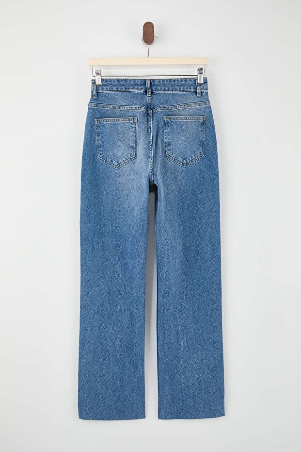 Mavi Kesik Paça Yüksek Bel Az Esnek Straight Düz Kesim Jeans TWOSS26JE00094 - 6