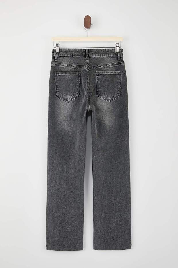 Siyah Kesik Paça Yüksek Bel Az Esnek Straight Düz Kesim Jeans TWOSS26JE00094 - 6