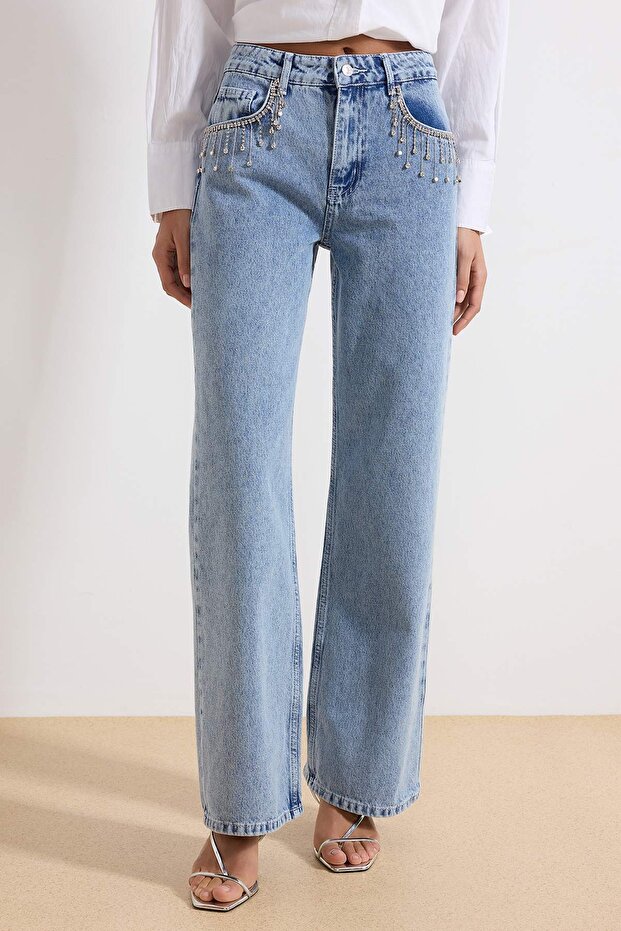Mavi Taşlı Aksesuar Detaylı Yüksek Bel Wide Leg Jeans TWOSS23JE00204 - 4