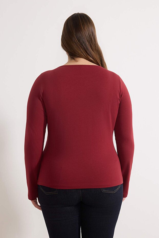 Taş-Bordo Esnek Vücuda Oturan Örme Büyük Beden Bluz TBBSS26AF00009 - 5