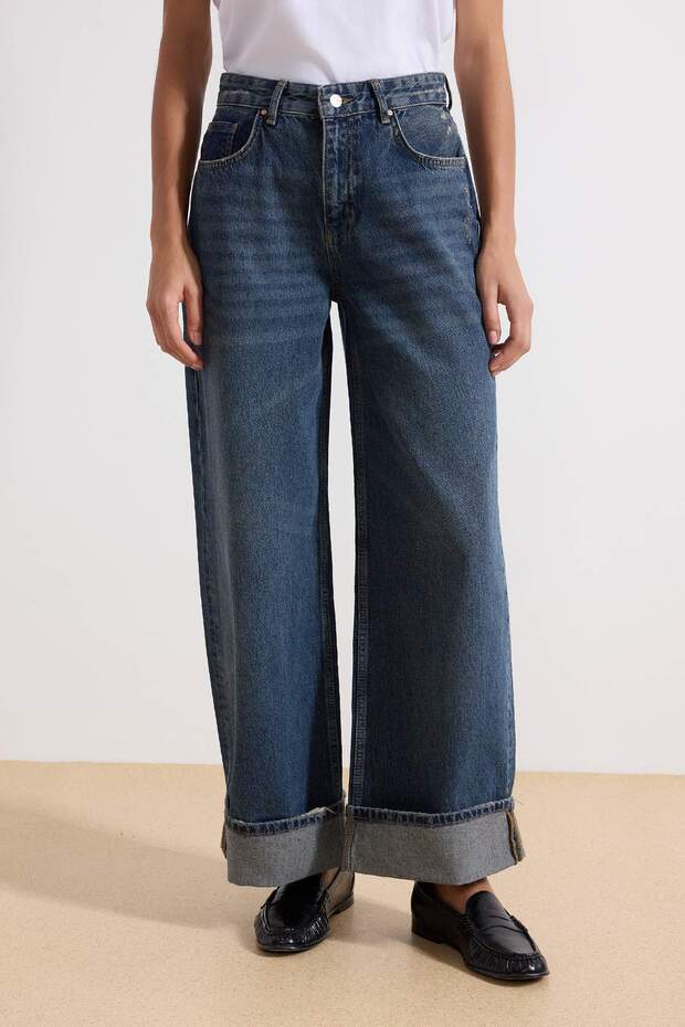 Koyu Mavi Katlı Paça Normal Bel Loose Baggy Jeans TWOSS25JE00001 - 3