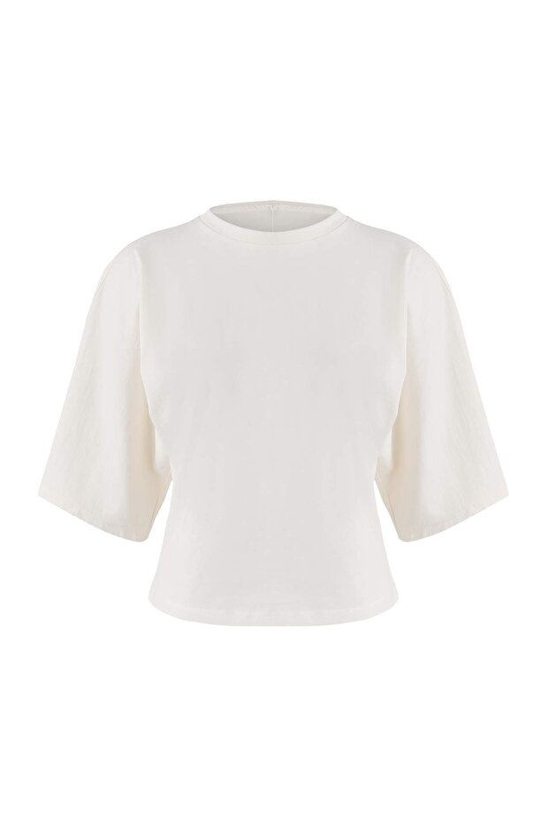 Wardrobe Essentials-Ekru Geniş Kalıp Yarasa Kol %100 Pamuk Örme T-Shirt TWOSS26TS00047 - 8