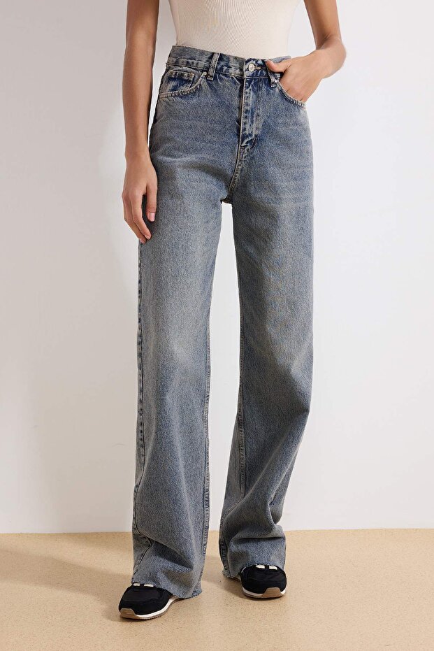 Mavi Yüksek Bel Wide Leg Geniş Paça %100 Pamuk Non-Stretch Jeans TWOAW25JE00332 - 3