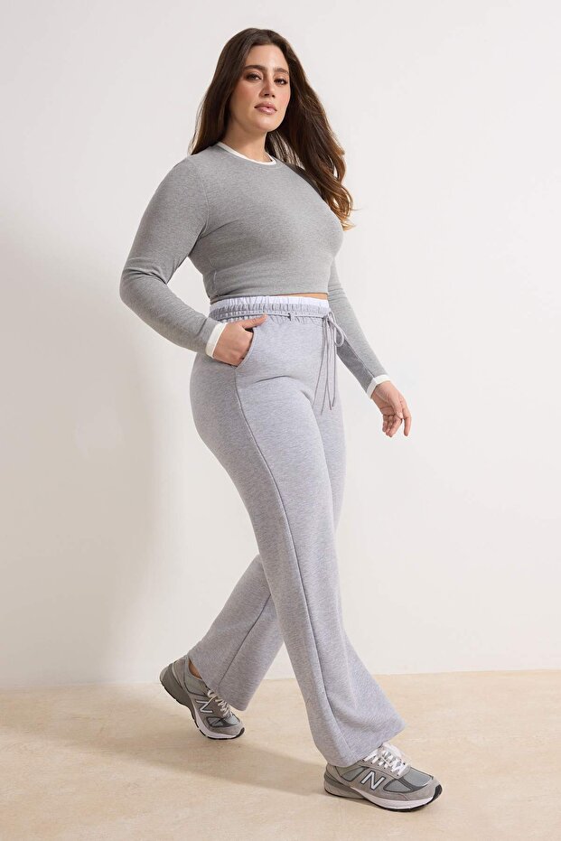 Gri Melanj Beli Poplin Detaylı Bağcıklı Wide Leg Büyük Beden Eşofman Altı TBBSS26AJ00001 - 2