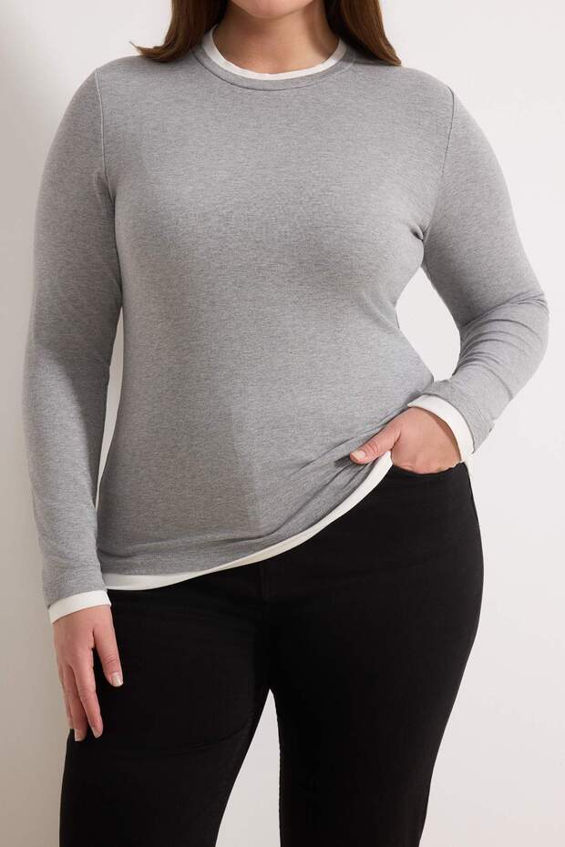Gri Yaka Detaylı Fitted/Vücuda Oturan Viskon/Yumuşak Kumaşlı Esnek Örme Bluz TBBAW26AF00040 - 3