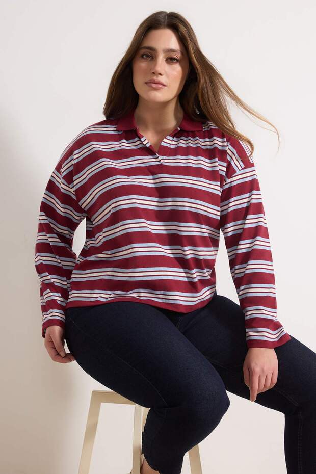 Bordo Çizgili Oversize Büyük Beden T-shirt TBBSS26BF00001 - 2