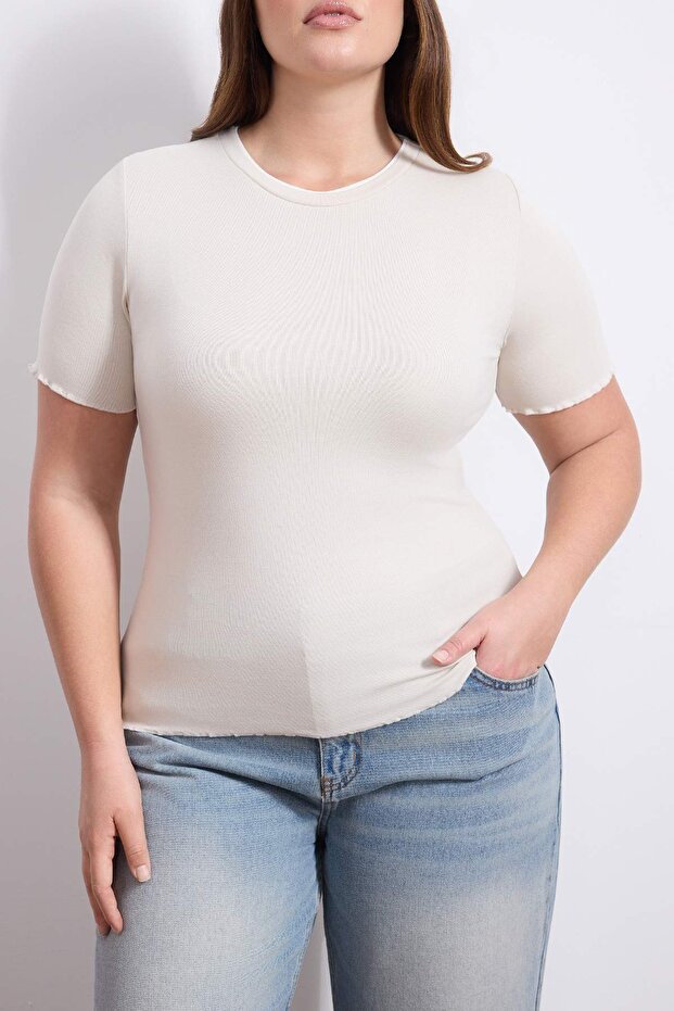 Wardrobe Essentials Taş Yakası Biye Detaylı Yumuşak Tuşeli Örme Büyük Beden Bluz TBBSS26AF00025 - 3