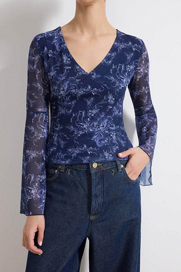 Çok Renkli Boho/Boho Chic Baskılı V yaka İspanyol Kol Tül Esnek Örme Bluz TWOAW26BZ00239 - 3