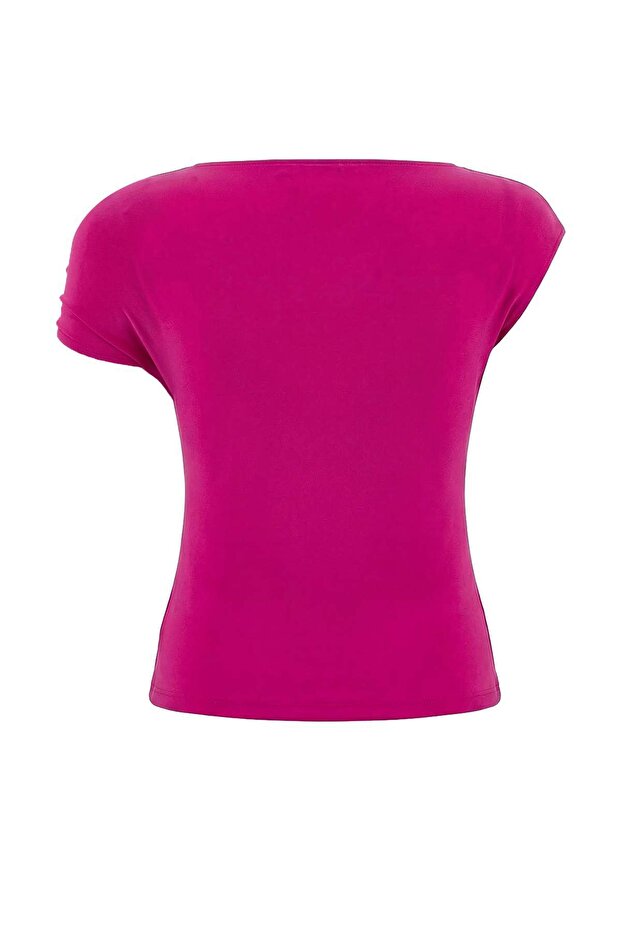 Fuşya Fitted/Vücuda Oturan Asimetrik Yaka Aksesuar Detaylı Esnek Örme Bluz TWOSS26BZ00102 - 6
