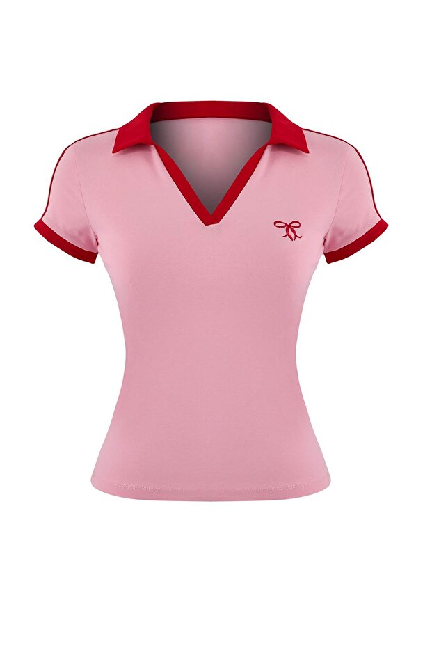 Teen Pembe Fitted/Vücuda Oturan Polo Yaka Kısa Kollu Pamuklu Esnek Örme T-shirt TWOSS26TS00022 - 5