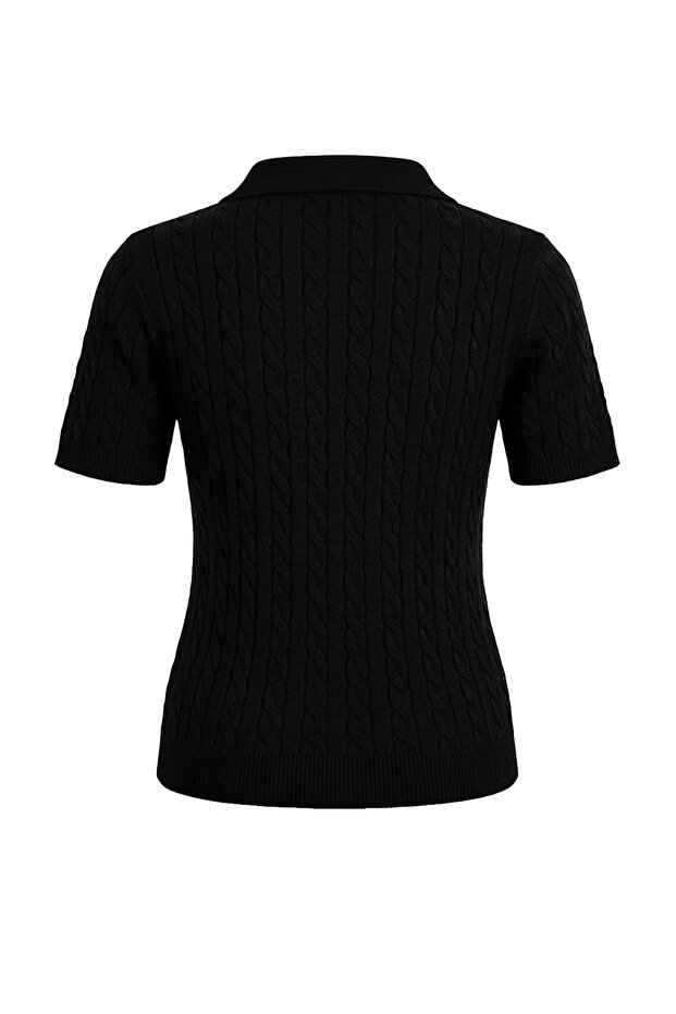 Siyah At Nakışlı Polo Yaka Saç Örgü Triko Bluz TWOSS26BZ00163 - 6