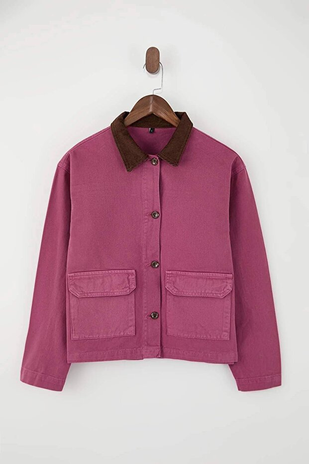 Pembe Fitilli Kadife Yaka Detaylı Denim Gömlek Ceket TWOAW26CE00004 - 5