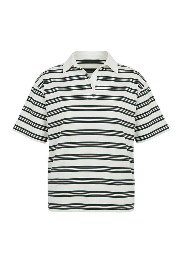 Wardrobe Essentials-Ekru Çizgili Normal Kalıp Kısa Kollu Tok %100 Pamuk Örme T-shirt TWOSS26TS00027 - 5