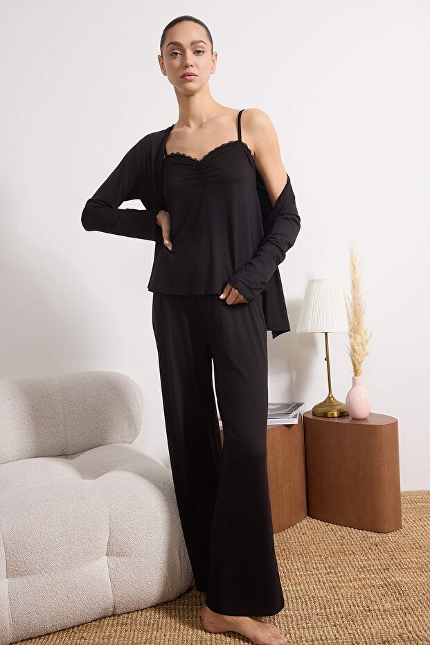 Siyah 3'lü Dantelli Viskon Örme Pijama Takımı THMSS26PT00056 - 1