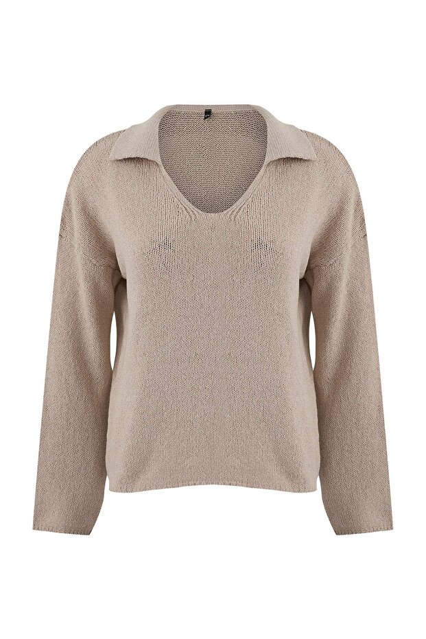 Wardrobe Essentials Vizon Geniş Kalıp Bluz Görünümlü Triko Kazak TWOSS26KZ00001 - 5