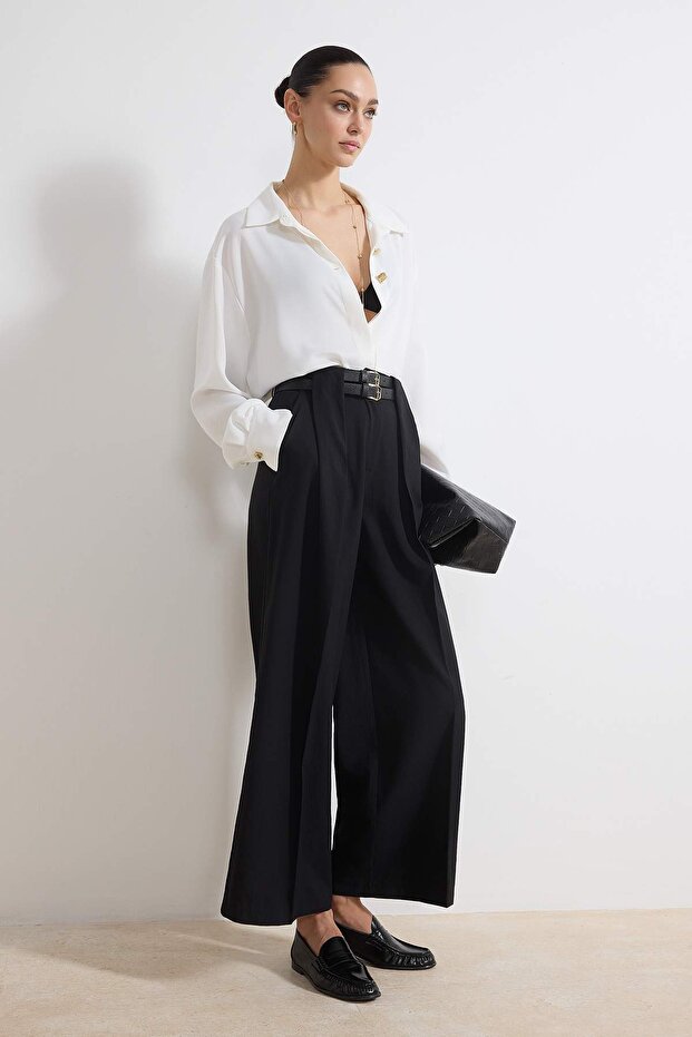 Siyah Kemerli Culotte Yazlık Dokuma Geniş Paça Pantolon TWOSS26PL00076 - 2