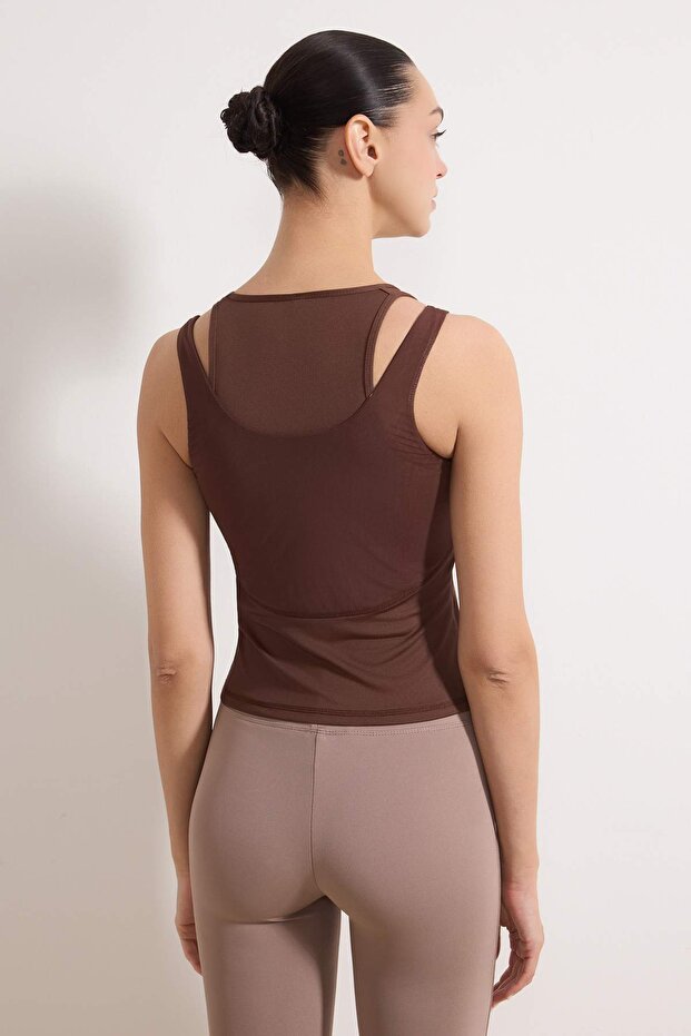Koyu Kahverengi Dalgıç/Scuba Kumaş Tül Detaylı Örme Spor Üst/Bluz THMSS26BZ00003 - 5