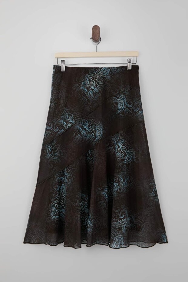 Çok Renkli Şal Desen Boho Chic A-Kesim Dikiş Detaylı Normal Bel Midi Tül Örme Etek TWOSS26ET00002 - 5