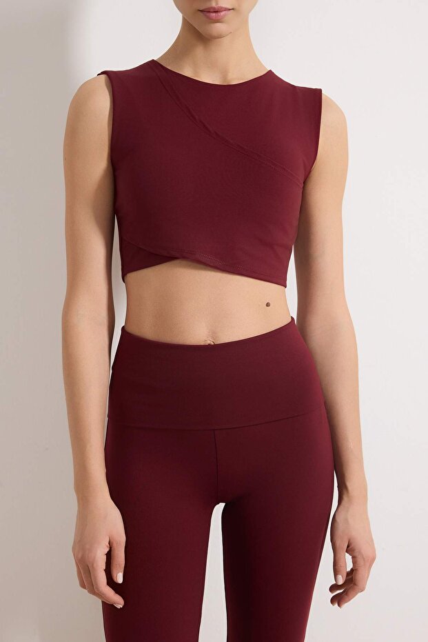 Bordo Kruvaze Fırçalı Soft Kumaş Destekli/Şekillendirici Örme Spor Sütyeni THMSS26SS00003 - 3