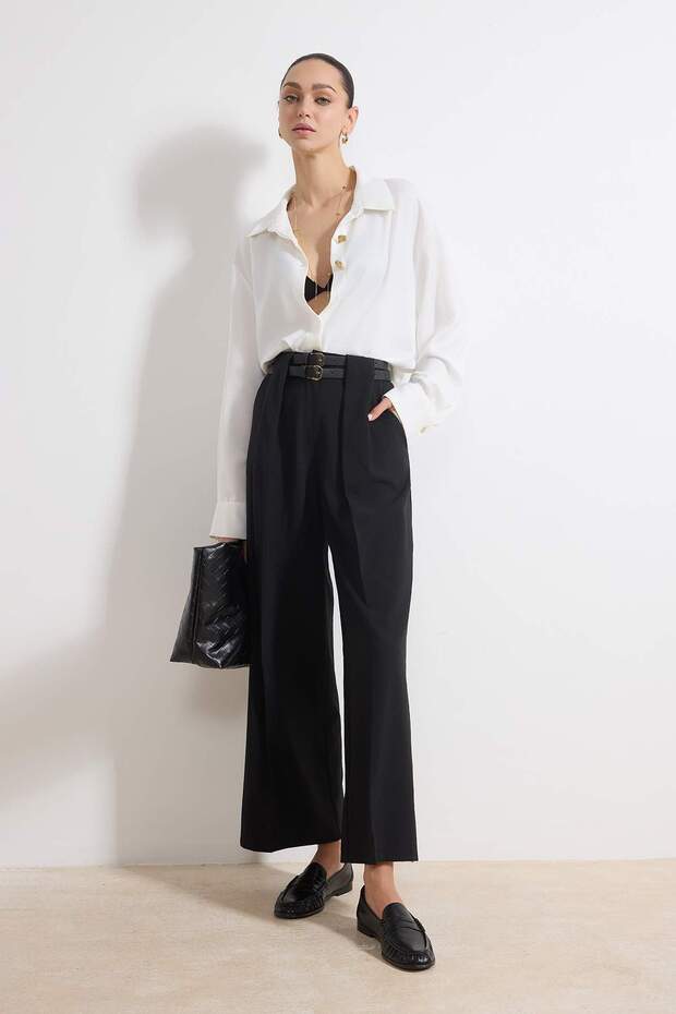 Siyah Kemerli Culotte Yazlık Dokuma Geniş Paça Pantolon TWOSS26PL00076 - 1