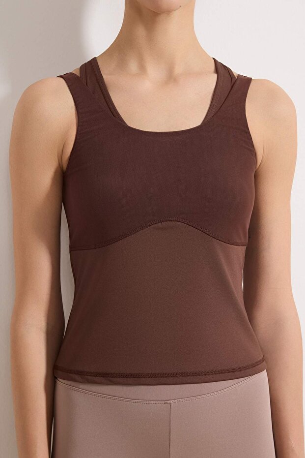 Koyu Kahverengi Dalgıç/Scuba Kumaş Tül Detaylı Örme Spor Üst/Bluz THMSS26BZ00003 - 4