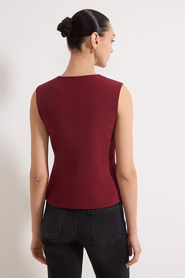 Bordo Aksesuar Kapamalı Fitted/Vücuda Oturan Kalıp Dokuma Yelek TWOSS26YE00011 - 4