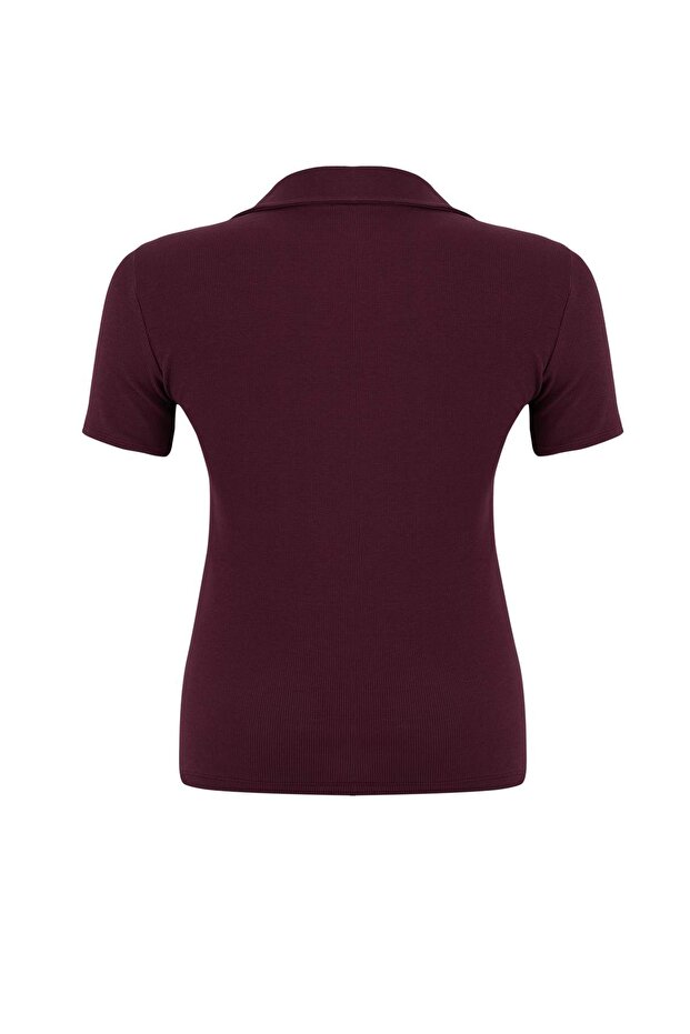 Mürdüm Polo Yaka Vücuda Oturan Fitilli Örme Bluz TBBSS22BZ0750 - 5