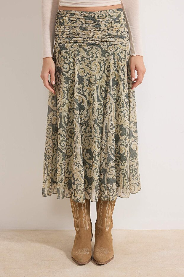 Haki Maxi Büzgü/Drape Detaylı Boho/Boho Chic Basklılı Tül Esnek Örme Etek TWOAW26ET00122 - 3