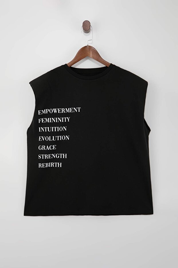 Siyah Bisiklet Yaka Vatkalı Büyük Beden Örme T-Shirt TBBSS26BF00004 - 4