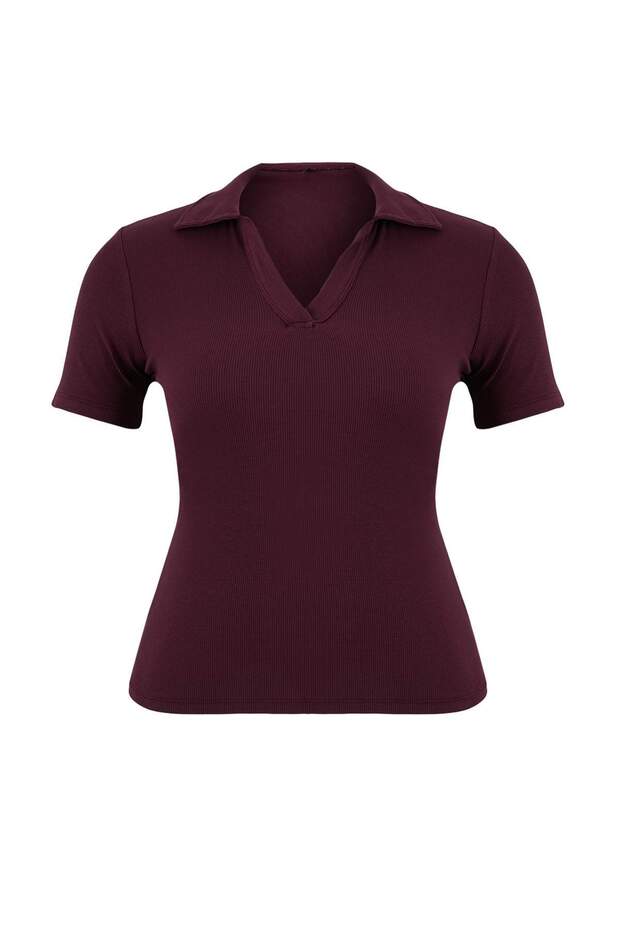 Mürdüm Polo Yaka Vücuda Oturan Fitilli Örme Bluz TBBSS22BZ0750 - 3