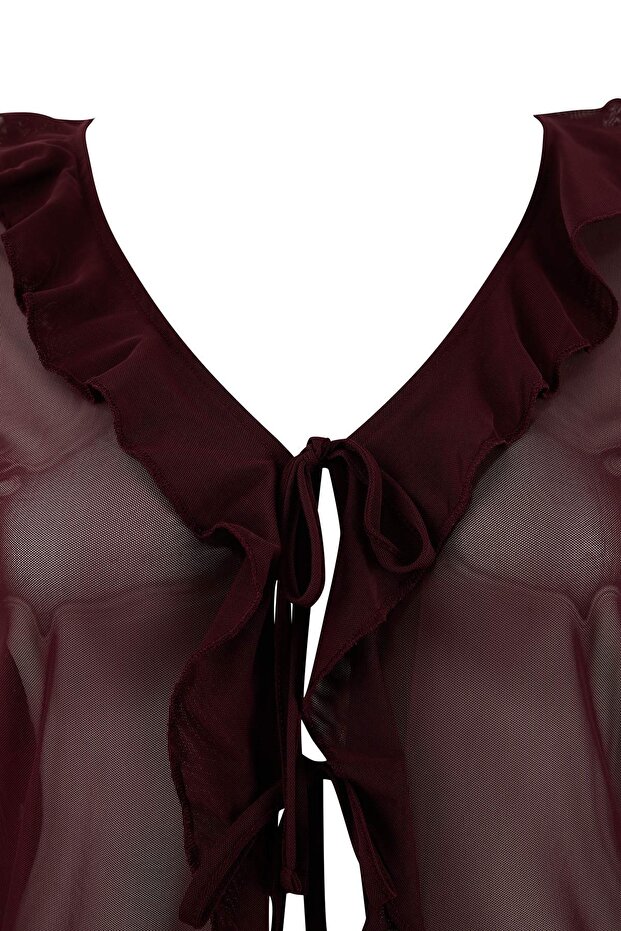 Bordo Çiçek Desenli Bağlamalı Tül Örme Büyük Beden Bluz TBBSS25AF00093 - 4