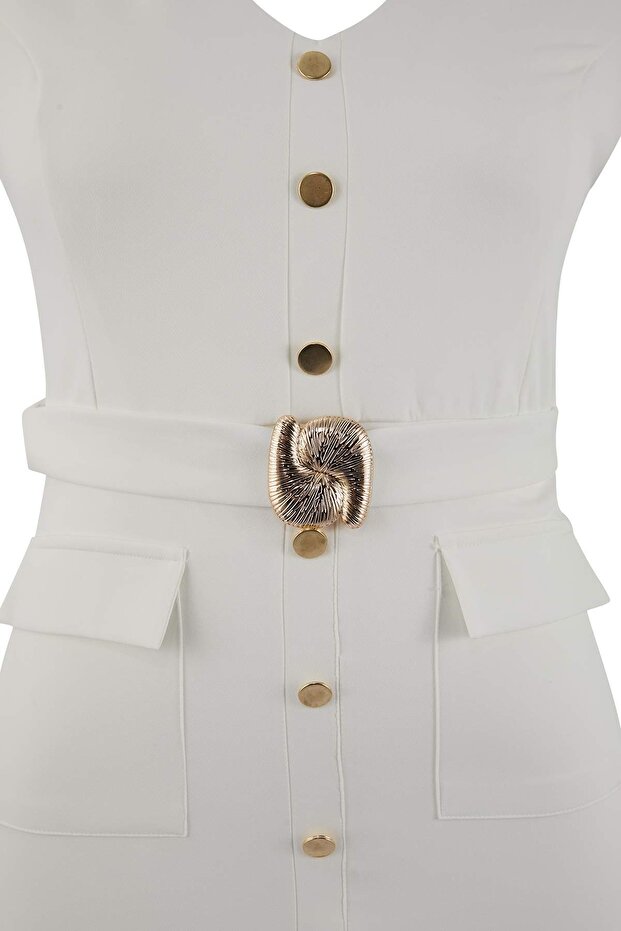 Spezielle Kollektion: Weißes gewebtes Midi-Kleid mit Gürtel und Accessoire-Details TBBAW26AH00094 - 5