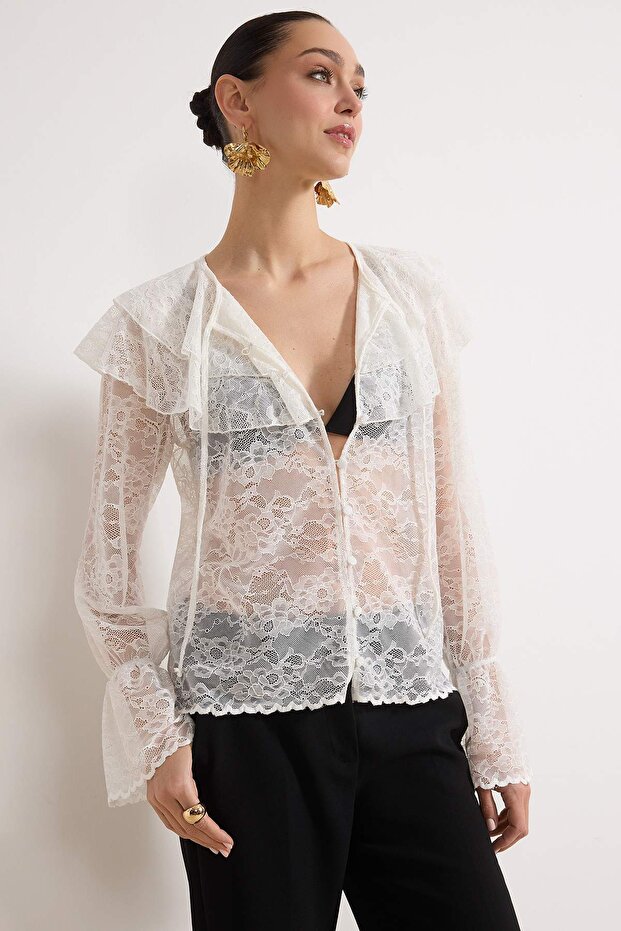 Beyaz Fırfırlı Boho Astarsız Dantel Gömlek TPRSS26GO00002 - 2