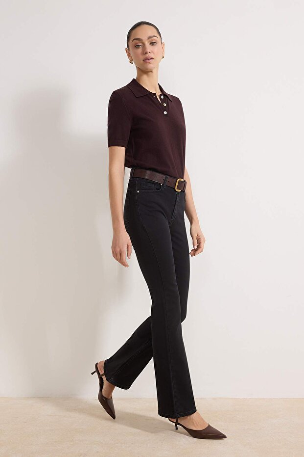 Siyah Yüksek Bel Flare Yumuşak Ekstra Esneyen Örme Kot/Jeans TWOSS26JE00091 - 3