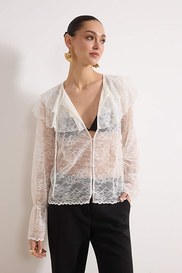 Beyaz Fırfırlı Boho Astarsız Dantel Gömlek TPRSS26GO00002 - 1