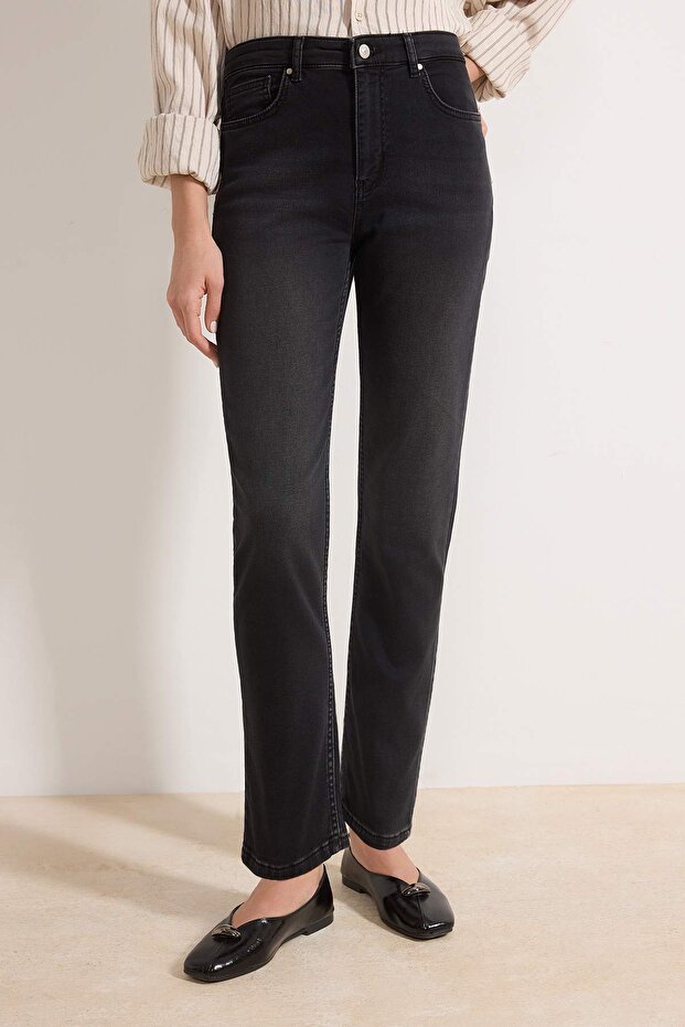 Siyah Yüksek Bel Straight Yumuşak Ekstra Esneyen Örme Kot/Jeans TWOSS26JE00104 - 4