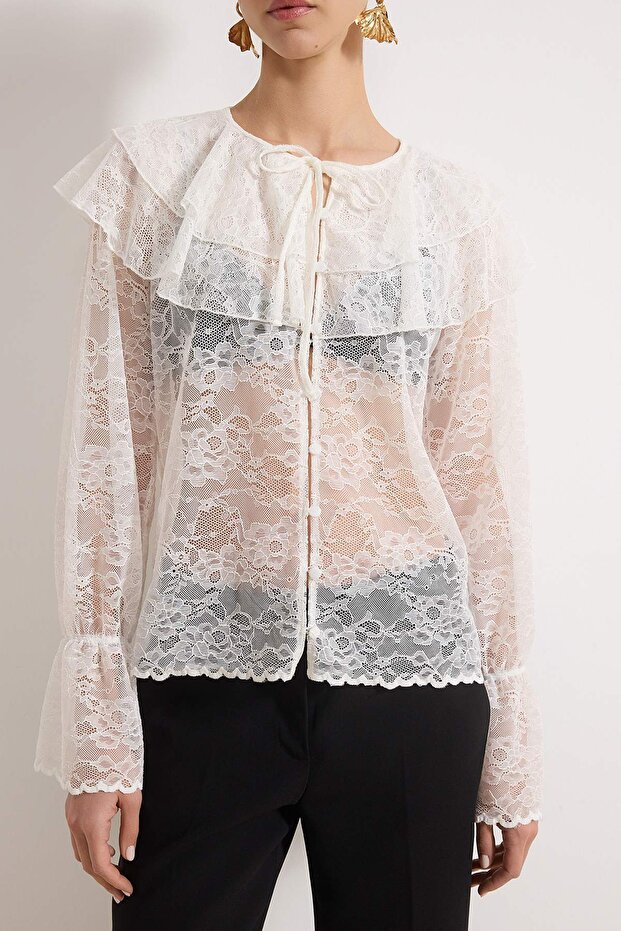 Beyaz Fırfırlı Boho Astarsız Dantel Gömlek TPRSS26GO00002 - 3