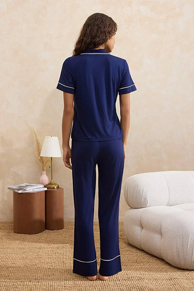 Lacivert Biyeli Cep Detaylı Viskon Örme Pijama Takımı THMSS26PT00047 - 6