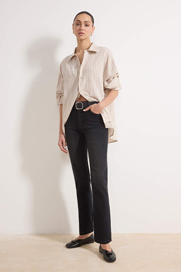 Siyah Yüksek Bel Straight Yumuşak Ekstra Esneyen Örme Kot/Jeans TWOSS26JE00104 - 2