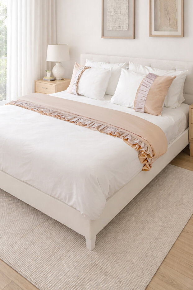 Off-White Earth Line Detailed Frilly Cotton Vintage Plain Double Duvet Cover Set