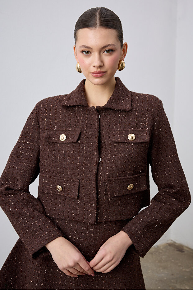 Tweed Jacket with Flap Collar Brown