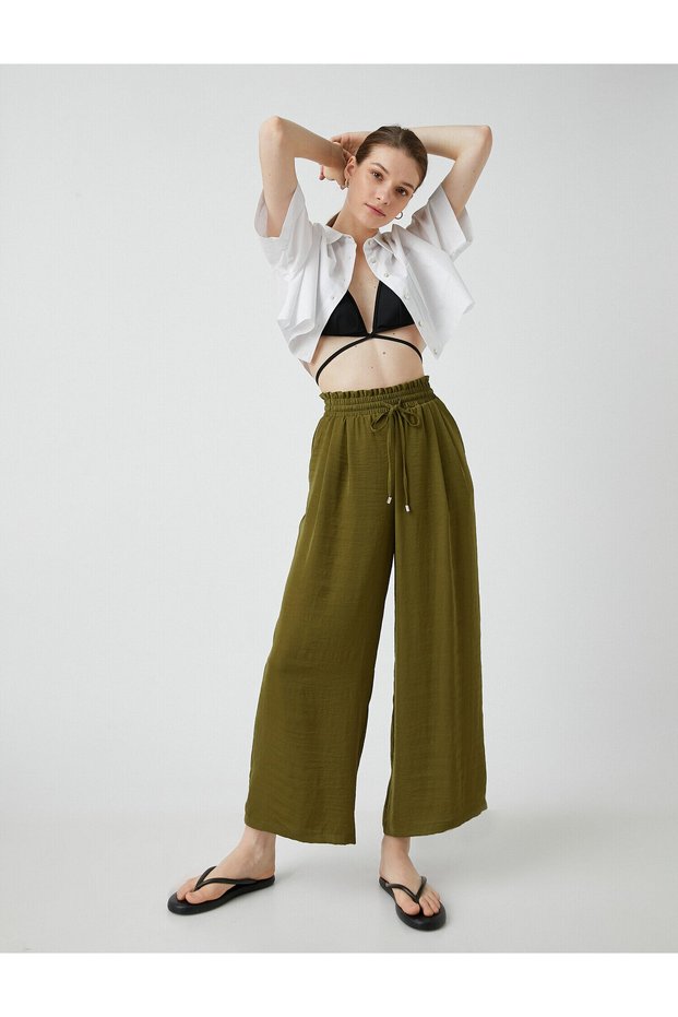 Wide Leg Pants with Tie Waist, Satin Look