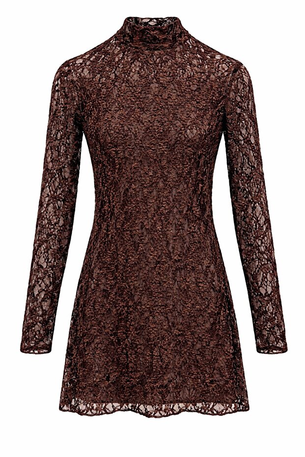 Acı Kahve Dantelli Mini Elbise - 2