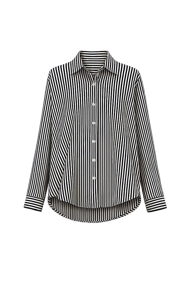 Siyah Çizgili Oversize Gömlek - 2