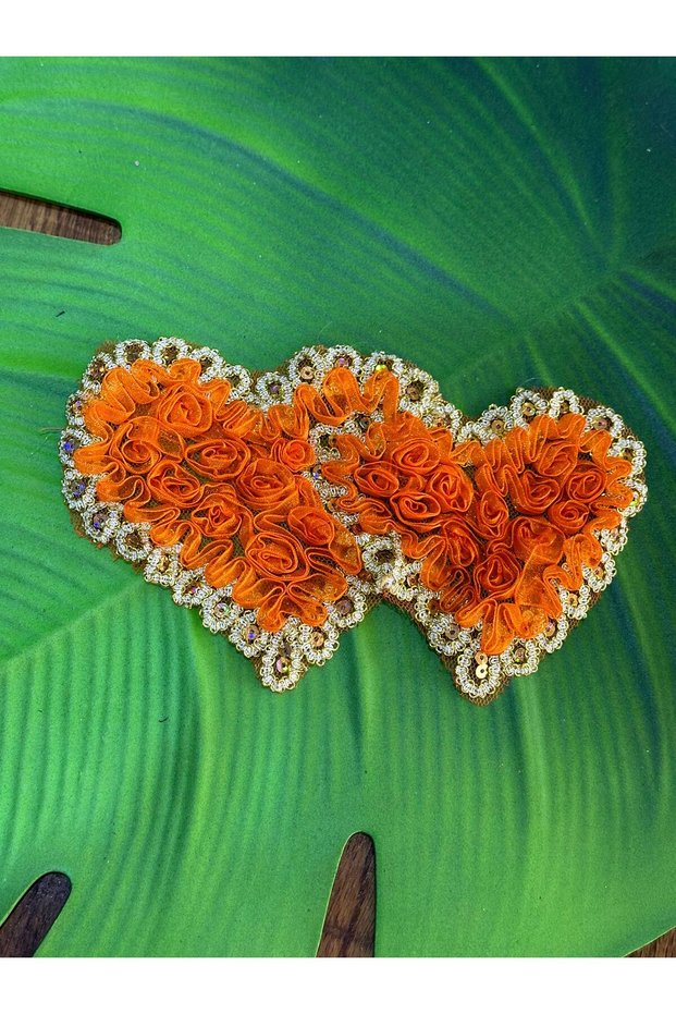 Sequin Embroidery Embossed Heart Arma Sewing Applique 20X12 cm Orange