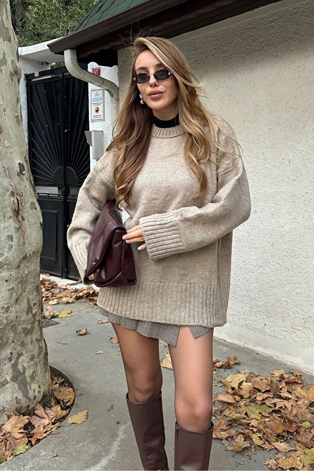 Nerzfarbener Basic-Pullover mit Rundhalsausschnitt – 2217 - 5