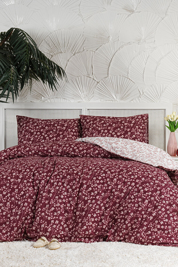 Jasmin Duvet Cover Set Double Size 100% Cotton Ranforce Fitted Sheet (200X220 cm) Burgundy