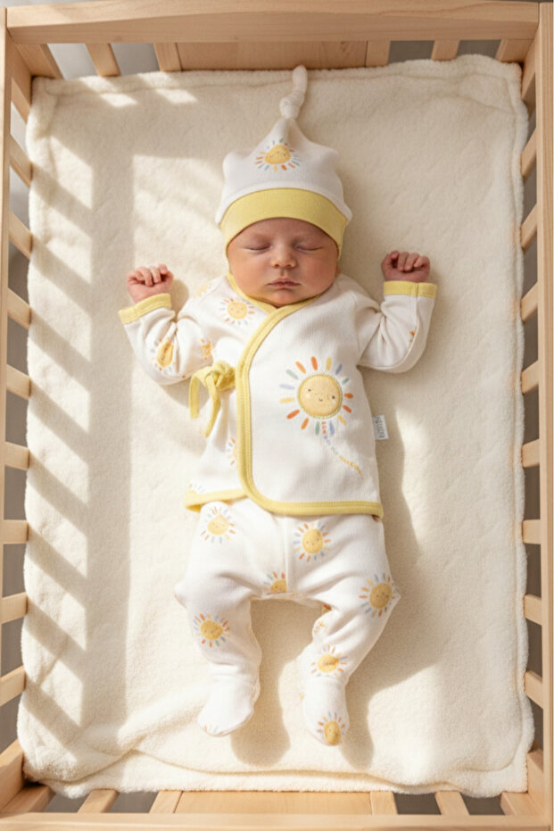 Unisex Baby Hospital Release Sun Patterned Side Tie 100% Cotton 5-Piece Newborn Set 0-3 Months