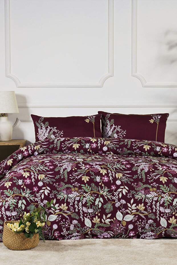 Alvera Duvet Cover Set Double Size 100% Cotton Satin (200X220 cm) Plum